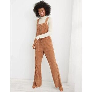 Aerie Overalls Women Medium Brown Corduroy Kick Flare Pocket Jumpsuit